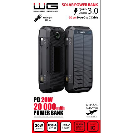 Winner Group - Power Bank com carregamento sem fios e painel solar 20000 mAh 20W PD