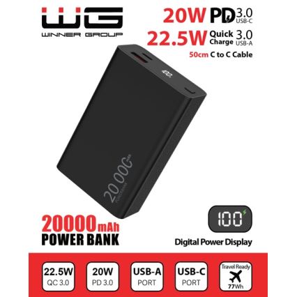 Winner Group - Power Bank com ecrã 20000 mAh 20W Power Delivery preto