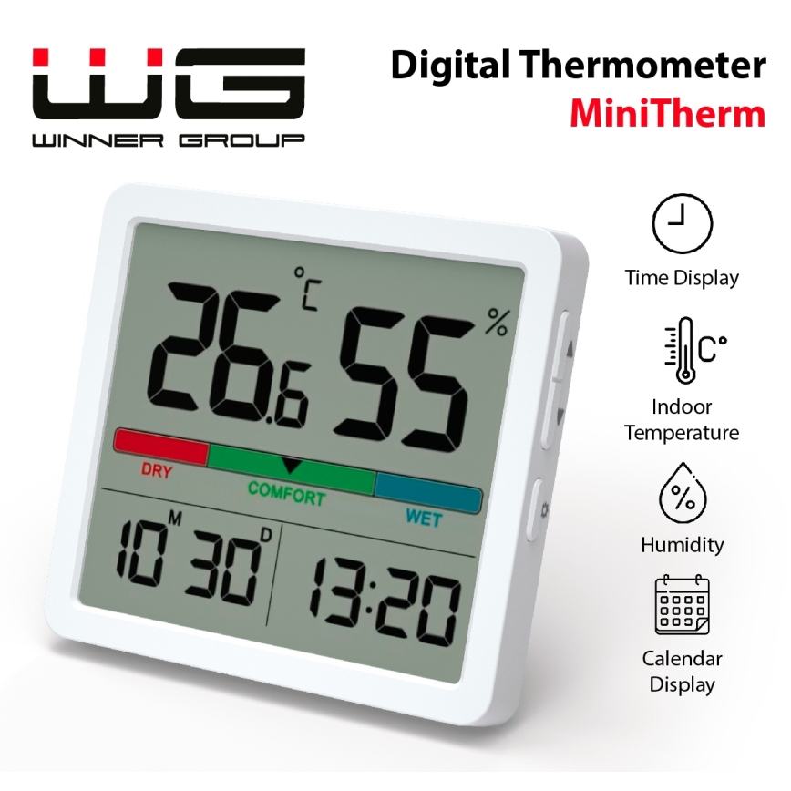 Winner Group - Termómetro digital com visor LCD e medidor de humidade 2xCR2032 branco