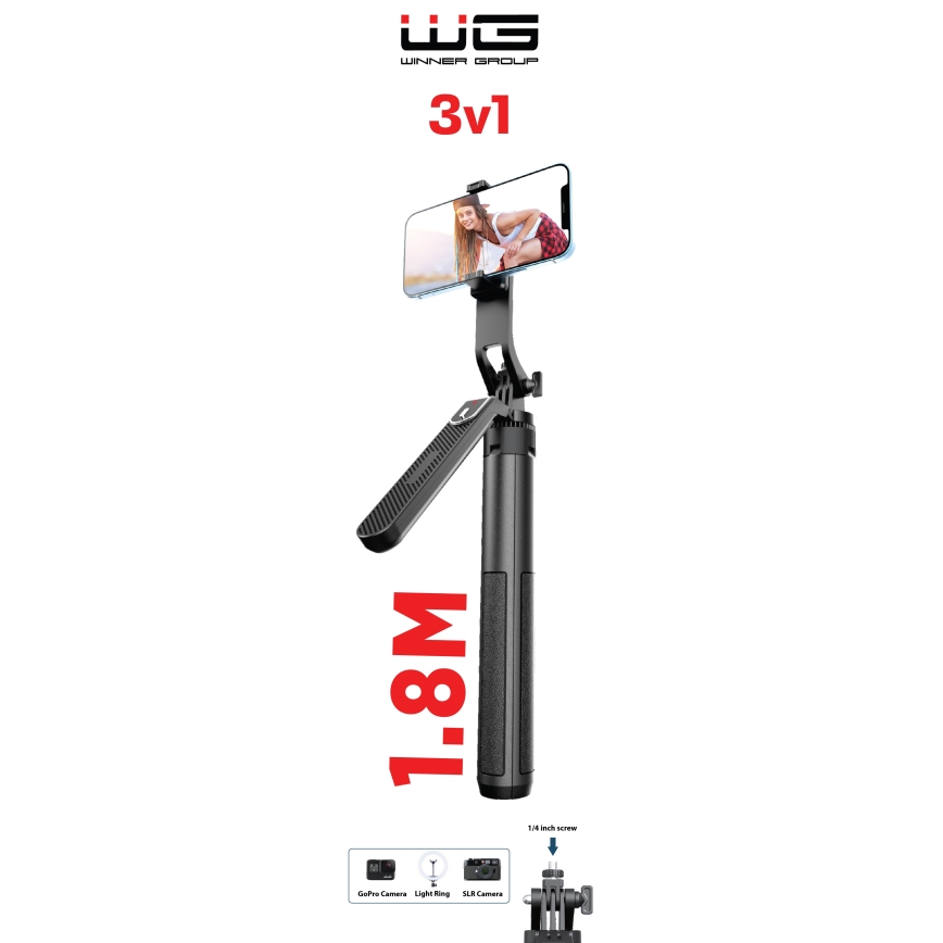 Winner Group - Tripé para selfies 3em1 com um suporte 55 mAh 180 cm preto