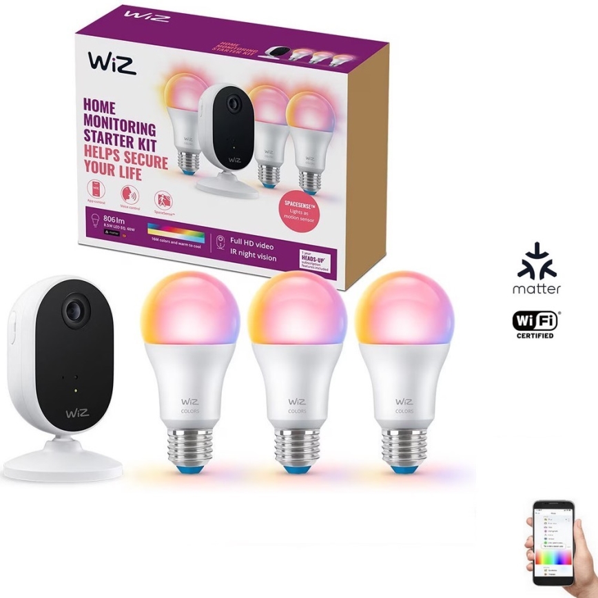 WiZ-Conjunto para monitorizar a casa:1xcamera+ 3xLED RGB lâmpada 8,5W/230V Wi-Fi