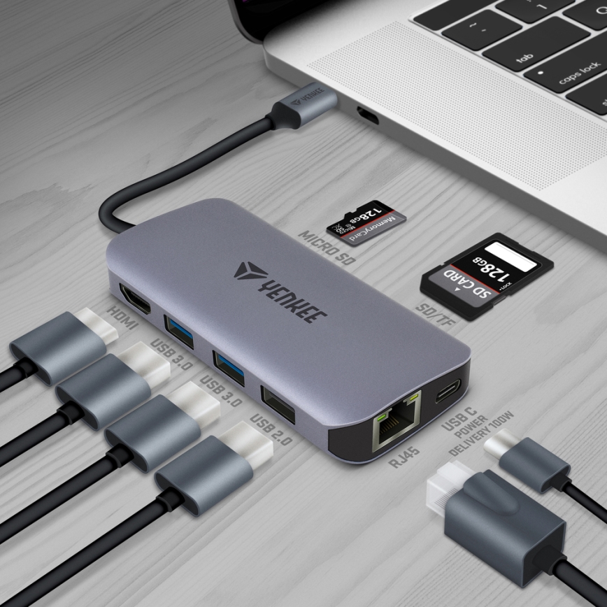 Yenkee - Adaptador multi-portas 8 em 1 USB tipo C