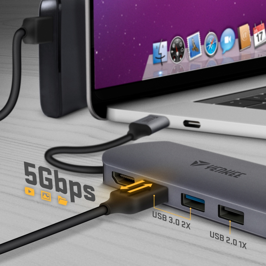 Yenkee - Adaptador multi-portas 8 em 1 USB tipo C