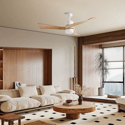 ZEVENTI - Ventilador de teto LED NATURITO LED/18W/230V 3000-6000K Wi-Fi Tuya branco/carvalho + controlo remoto