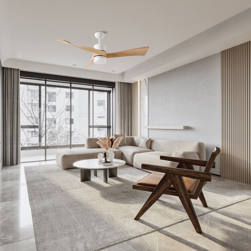 ZEVENTI - Ventilador de teto LED NATURITO LED/18W/230V 3000-6000K Wi-Fi Tuya branco/carvalho + controlo remoto