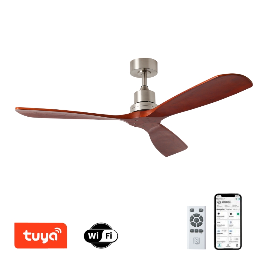 ZEVENTI - Ventilador de teto LIONI Wi-Fi Tuya cromo fosco/carvalho + controlo remoto