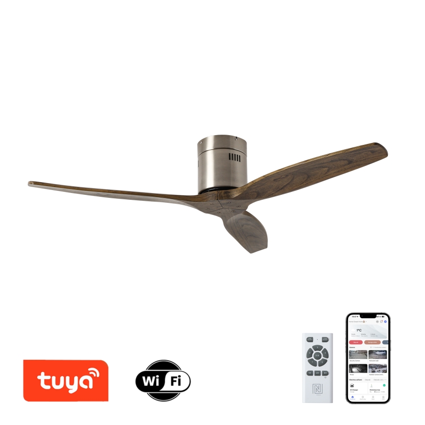 ZEVENTI - Ventilador de teto SPELLO Wi-Fi Tuya cromo mate/carvalho + controlo remoto