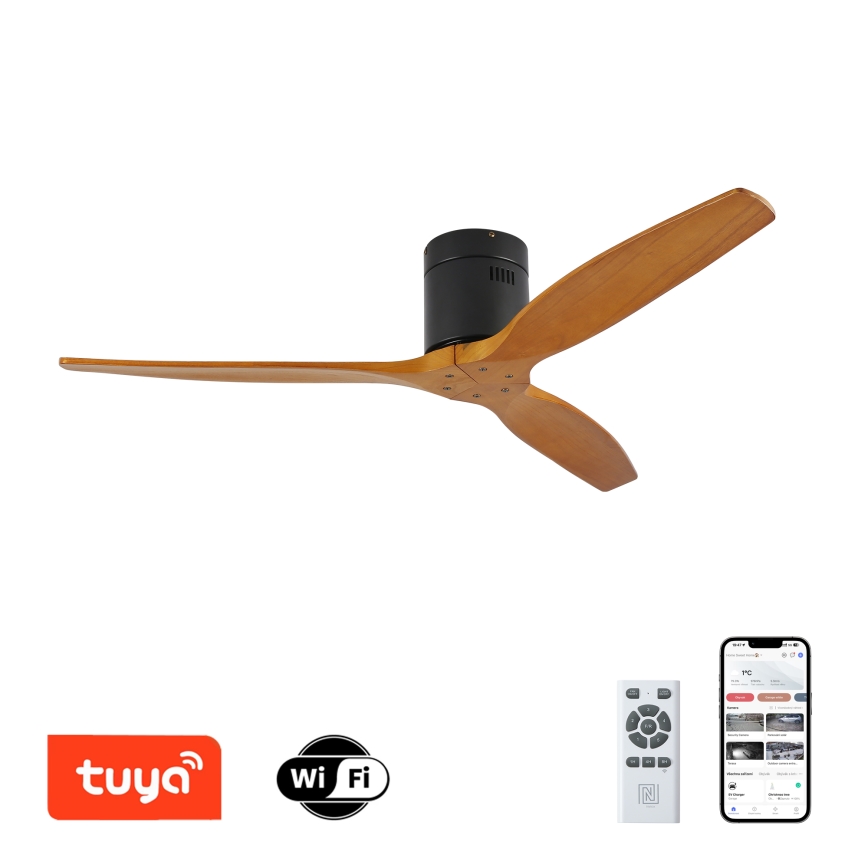 ZEVENTI - Ventoinha de teto SPELLO Wi-Fi Tuya preto/carvalho + comando